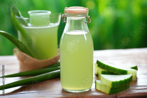 closeup of aloe vera juice in a bottle with plant pieces in foreground