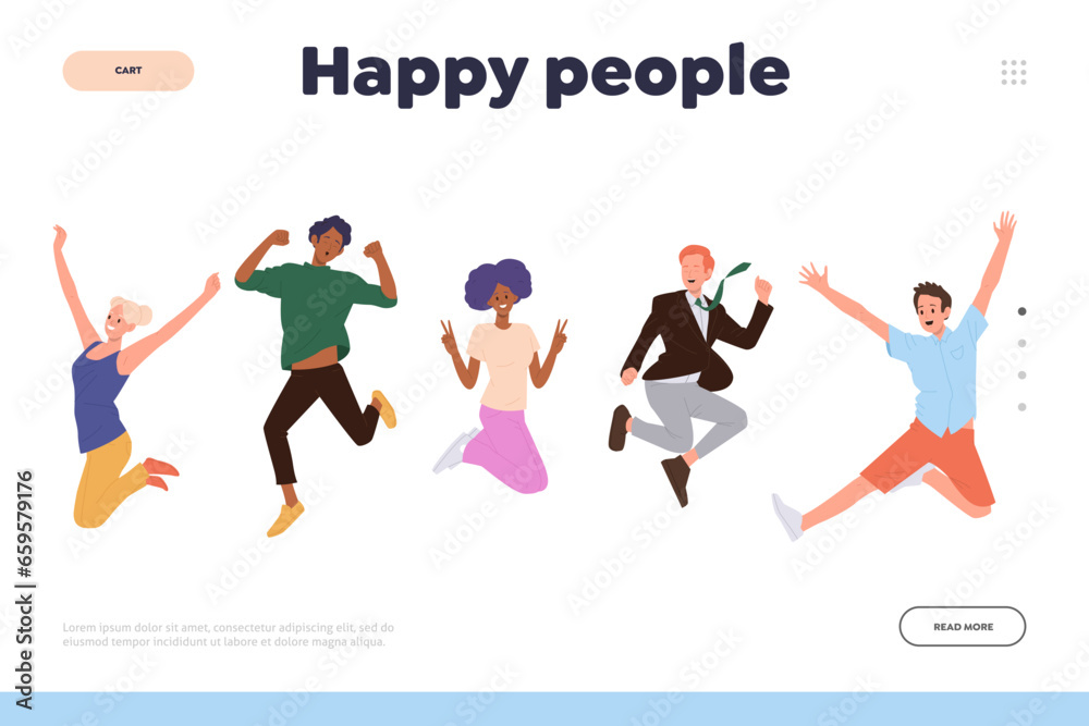Happy people landing page design template with diverse overjoyed characters laughing and jumping Happy people landing page design template with diverse overjoyed characters laughing and jumping