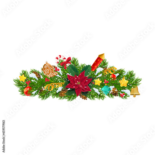 Christmas fir holiday tree branch. Merry Xmas celebration, happy New Year holiday or Christmas greeting vector fir with poinsettia flower, ball toy, gingerbread house cookie and candy cane, fireworks