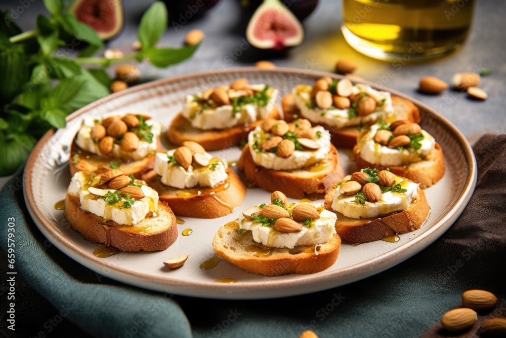 corsican-style bruschetta with fresh figs and nut cheese on a ceramic plate
