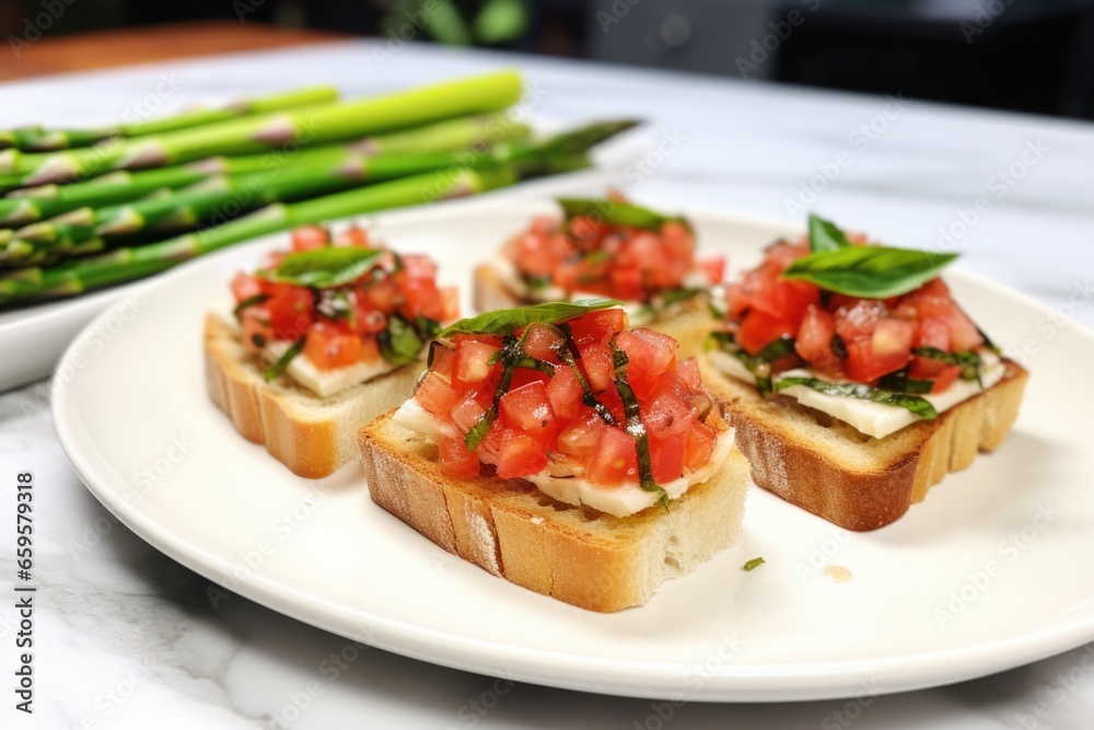 view of square-cut asparagus bruschetta with onions