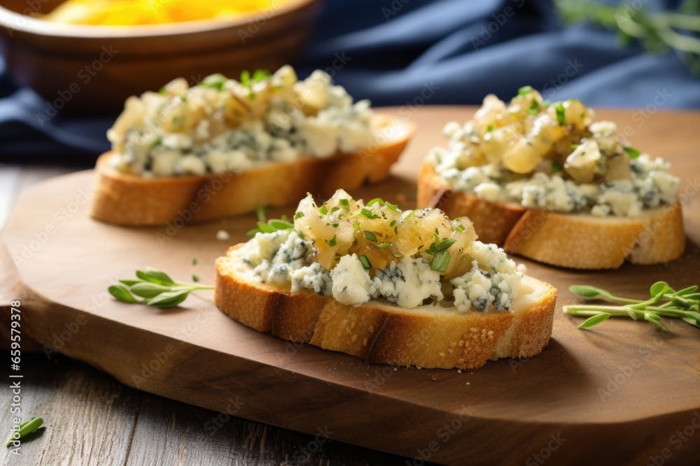 blue cheese bruschetta with a fig slice on top blue cheese bruschetta with a fig slice on top