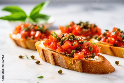 bruschetta with capers placed on a marble countertop