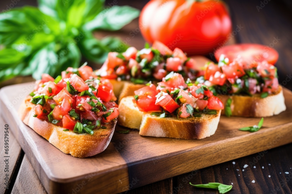 bruschetta on a wooden board with mint leaves scattered