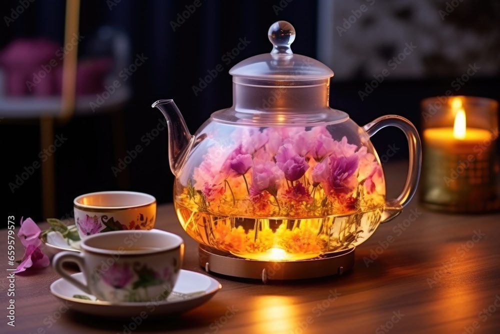 glass teapot with blooming flower tea, on a lighted warmer glass teapot with blooming flower tea, on a lighted warmer