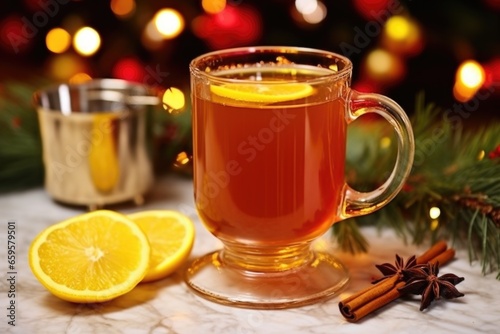 hot toddy with a festive wreath in the background