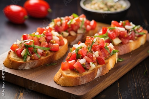 garlic bruschetta on square slate board with crimson tomatoes