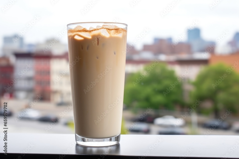 iced chai latte on a windowsill with a cityscape background