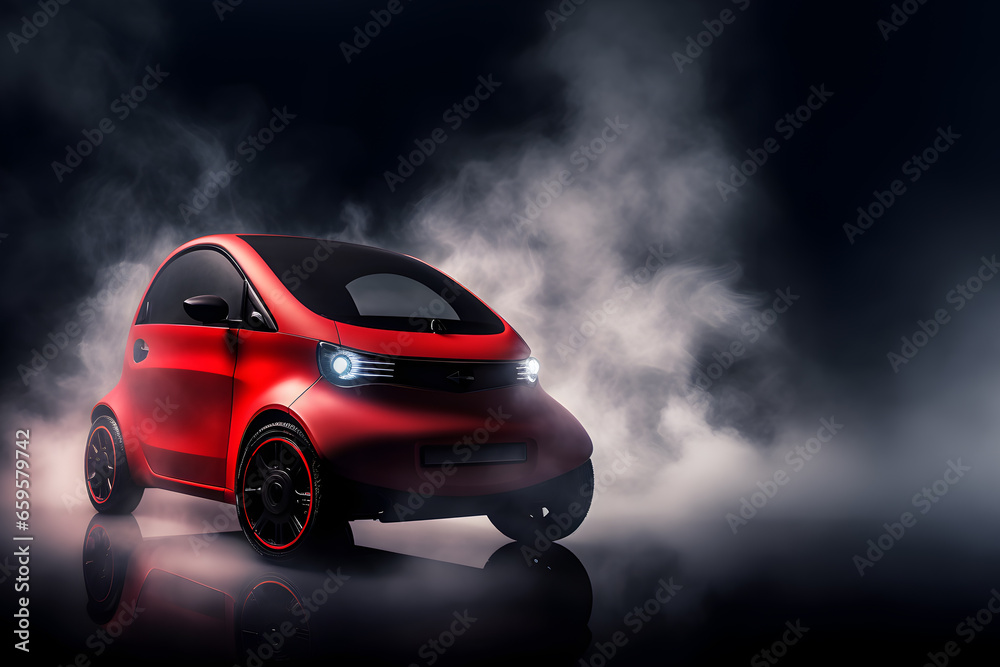 Modern mini-size electric car on black studio background, Beautiful Futuristic vehicle design, Sustainable mobility