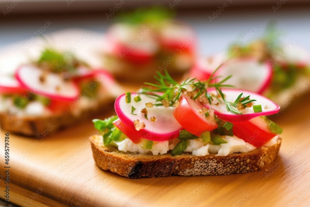 close-up of bruschetta topping with thinly sliced radish