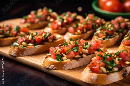neat row of identical bruschettas each sprinkled with a few pine nuts