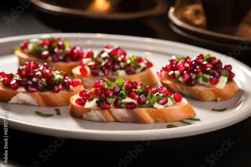 bruschetta with pomegranate seeds glistening in daylight on a square plate
