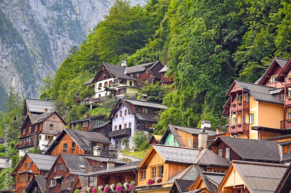 Beautiful old and colorful houses in Hallstatt village Austria