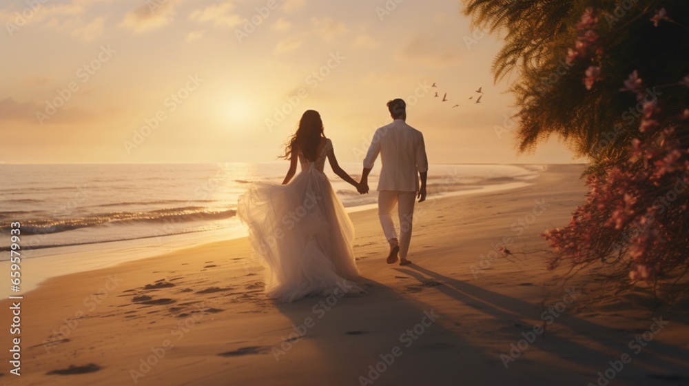 A bride and groom holding hands and walking along a sunlit beach