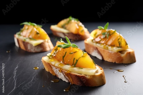 bruschetta with pear and melted cheese, grey backdrop