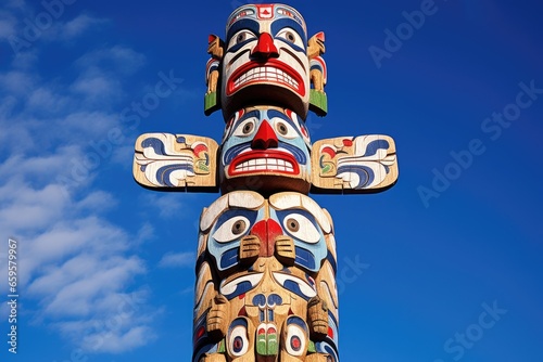 canadian totem pole against a blue sky photo