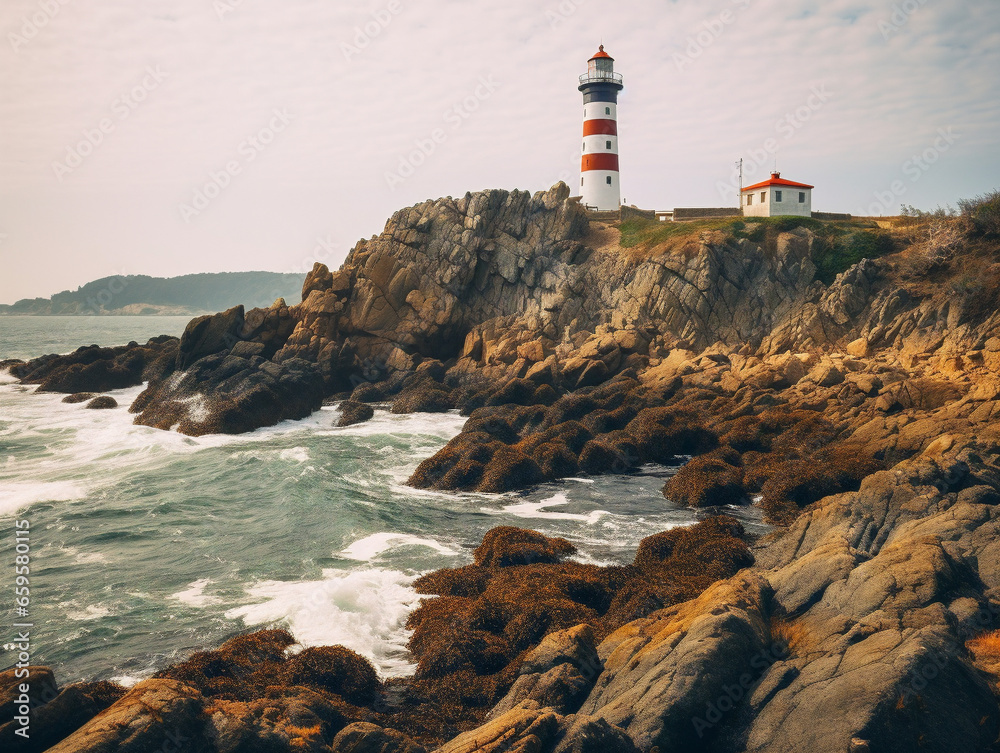 A vintage-style photograph capturing a majestic lighthouse standing tall on a rugged, rocky coastline.