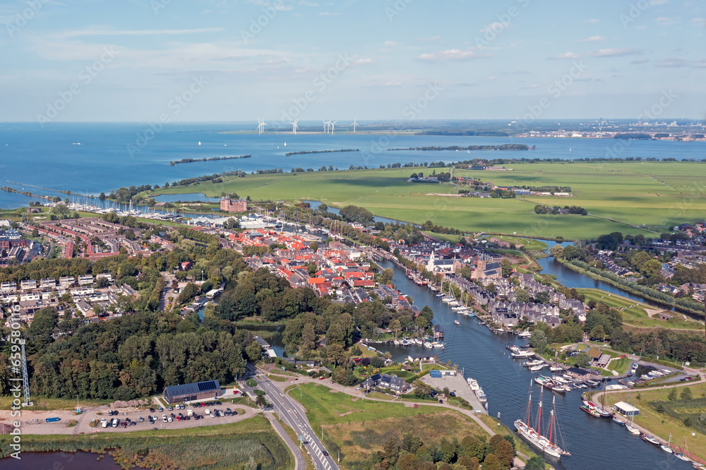 Aerial from the old city Muiden at the IJsselmeer in the Netherlands