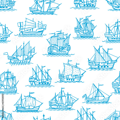 Fotografia Vintage sail ships and sailboats, old vessels seamless pattern, vector background