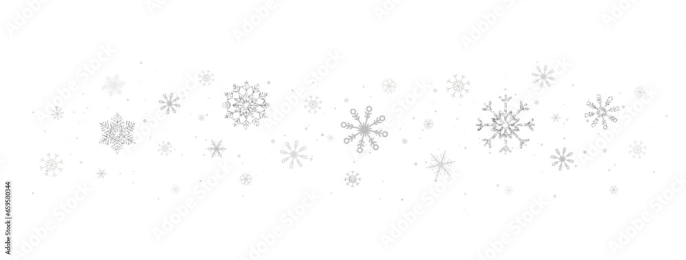 Silver glitter snowflakes wave on white background. Grey snowflake border with different ornament. Luxury Christmas garland frame. Winter ornament for packaging, card, banner. Vector illustration Silver glitter snowflakes wave on white background. Grey snowflake border with different ornament. Luxury Christmas garland frame. Winter ornament for packaging, card, banner. Vector illustration