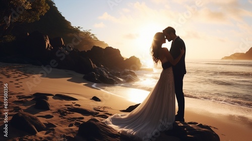 A bride and groom sharing a romantic moment on a secluded beach