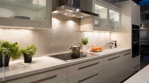 A streamlined kitchen with a standout hood and task-enhancing under-cabinet lighting.