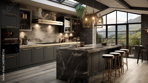 A stylish kitchen boasting a combination of natural stone and glossy finishes.