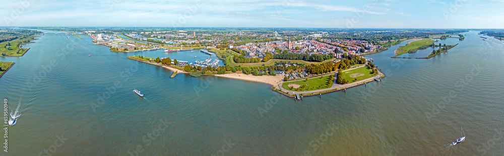 Aerial panorama from the historical city Gorinchem at the river Merwede in the Netherlands