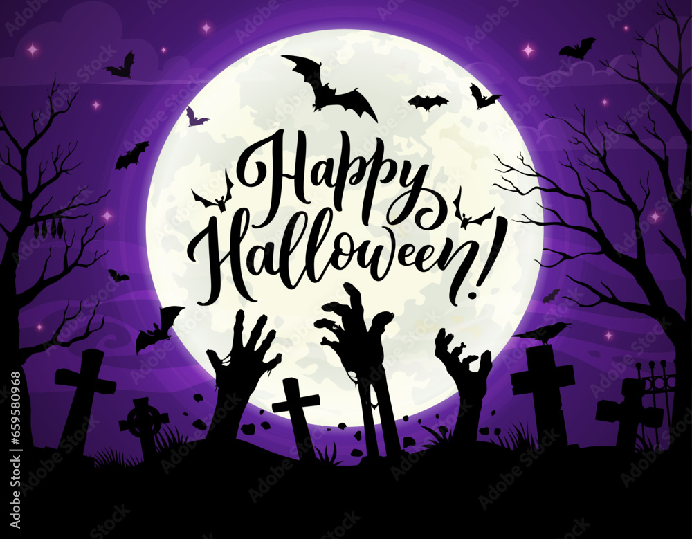 Zombie hands on Halloween cemetery landscape. Vector silhouettes of trick or treat holiday horror night monsters, flying bats, zombies, creepy trees and tombstones, crosses and trees under full moon
