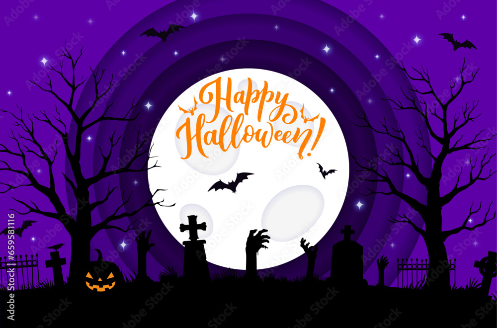 Halloween paper cut banner with cemetery landscape and zombie hands. Vector greeting card with grimacing jack lantern pumpkin and corpse arms sticking up at night graveyard with tombs, moon and bats