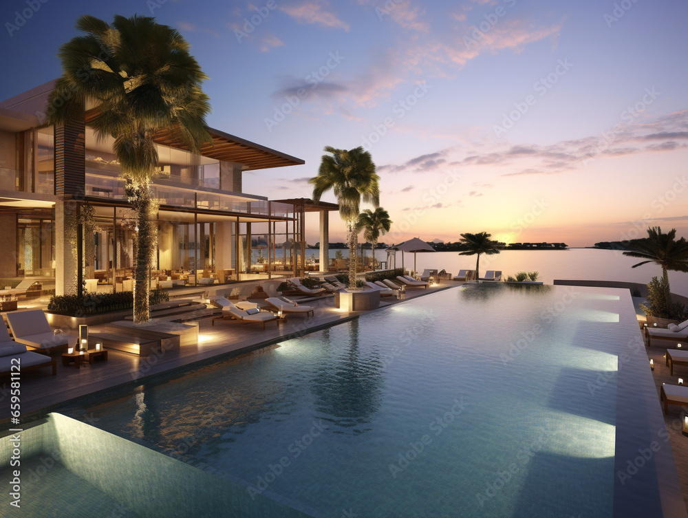 A stunning beachfront hotel with a sparkling pool surrounded by a modern and stylish design.
