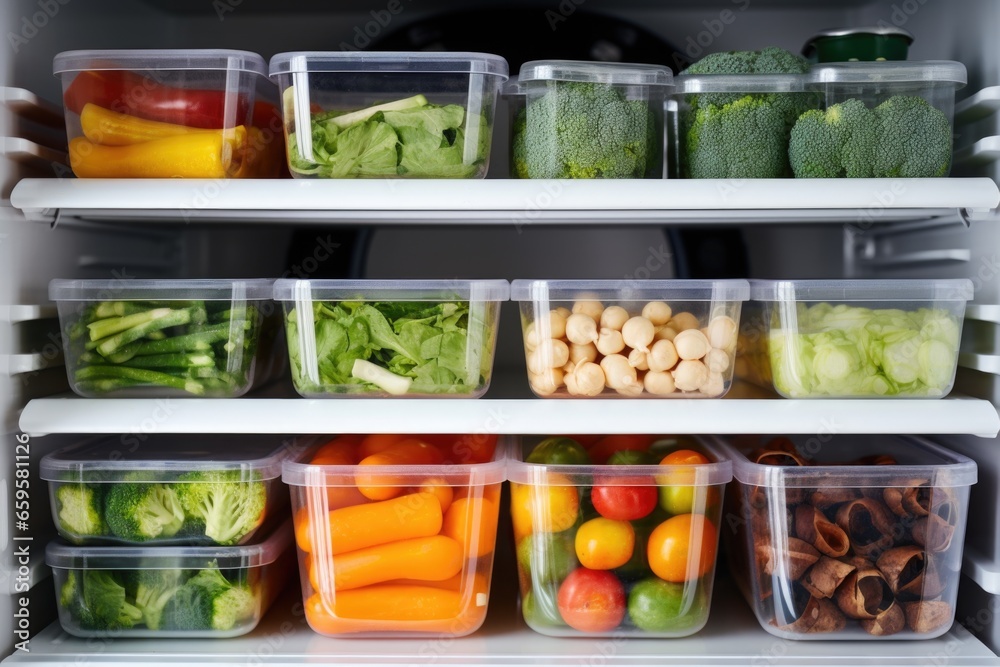 fridge compartment organized with plastic containers of vegetables