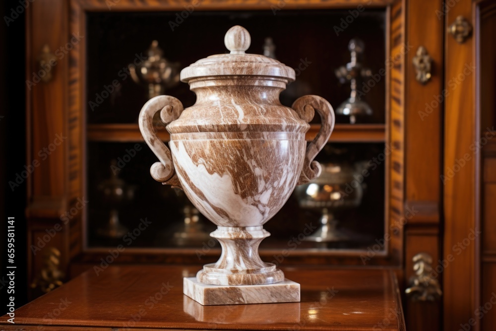 a close view of a marble urn on a wooden shelf