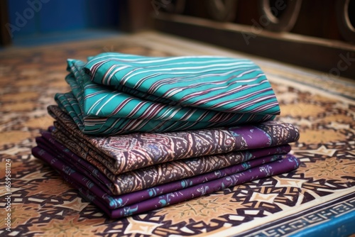 folded baju melayu on moroccan tile floor