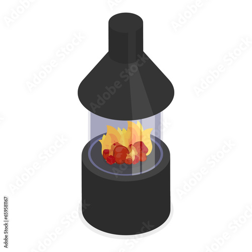 3D Isometric Flat Vector Set of Fireplaces, Firewood Heat Systems. Item 1