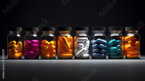 Set of bottles and scattered colored pills in bottles on dark neutral black background