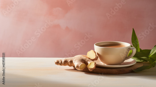 Cup of warm ginger tea and green leaves. Herbal tea light color background advertisiment