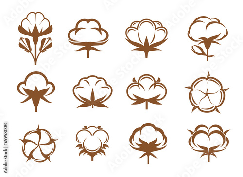 Cotton icons of vector organic plant flowers with soft pure fiber bolls, buds, cases, seeds and leaves. Brown cotton flower isolated symbols set of natural fabric label, textile material, clothing tag