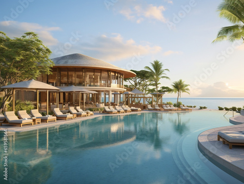 A stunning beachfront hotel with a lavish pool, featuring modern and stylish architecture. © Szalai