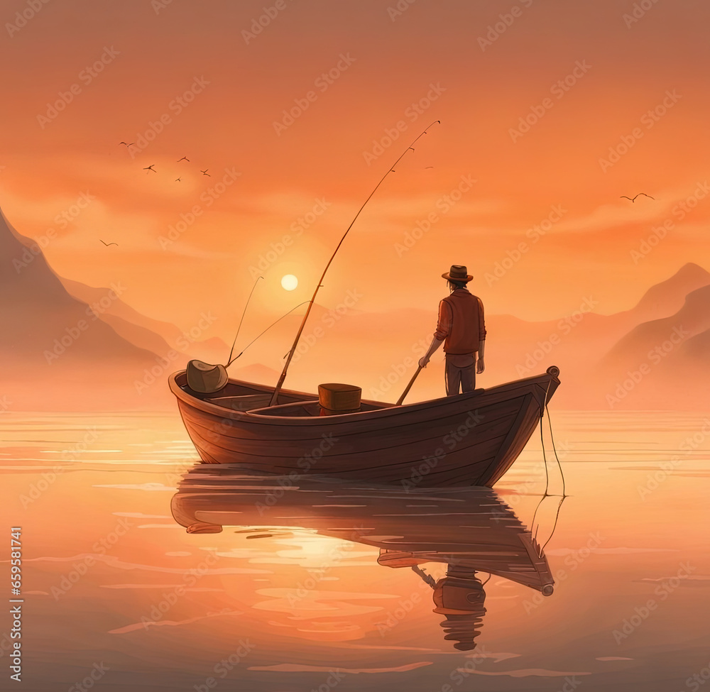 Man fishing from boat - Created with Generative AI Technology