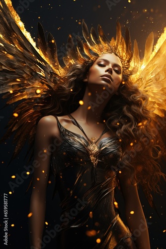 Gorgeus Fairy, Angel Woman with Golden Wings over a Golden Firy Background. Fire Particles Overlay.