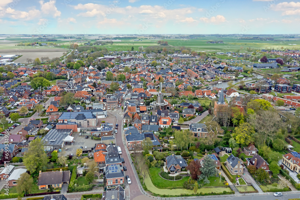 Aerial from the traditional city Winsum in Groningen the Netherlands