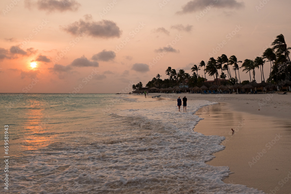 Sunset on Druif beach on Aruba island in the Caribbean Sea