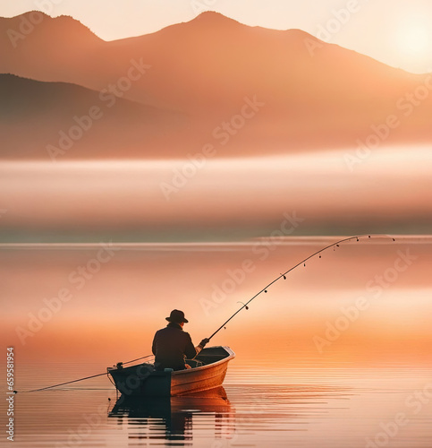 Man fishing from boat - Created with Generative AI Technology