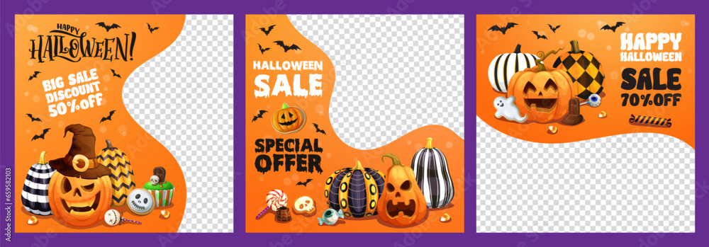 Obraz premium Halloween sale banner templates, big sale and special offer vector cards. Trick or treat holiday cartoon characters of horror pumpkin lanterns, bats and candies, lollipops, chocolate ghosts and skulls