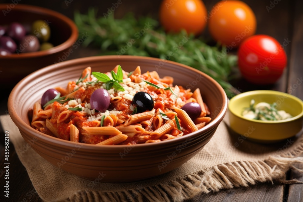 bowl of whole grain pasta with tomato sauce and olives bowl of whole grain pasta with tomato sauce and olives
