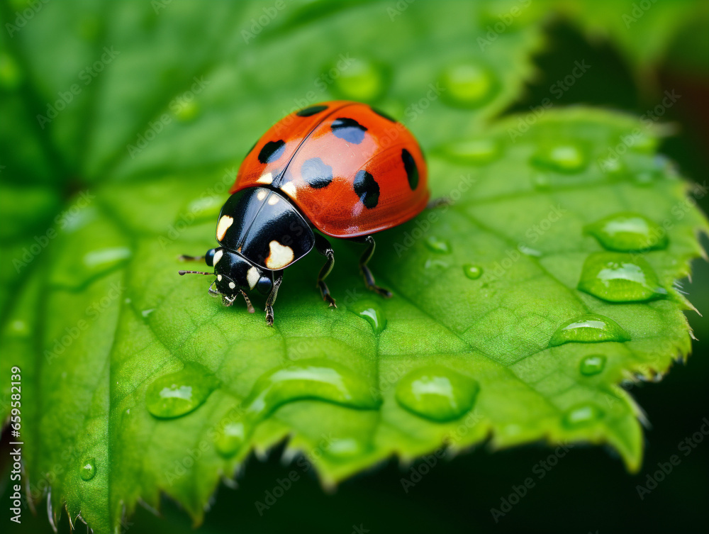 Vibrant ladybug delicately perched on a leaf, captured in a 52-style raw photograph with remarkable detail. Vibrant ladybug delicately perched on a leaf, captured in a 52-style raw photograph with remarkable detail.