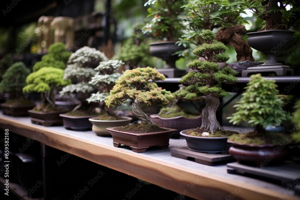 Fototapeta premium a series of small bonsai trees each in traditional bowls