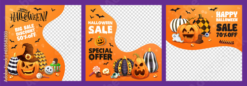 Halloween sale banner templates, big sale and special offer vector cards. Trick or treat holiday cartoon characters of horror pumpkin lanterns, bats and candies, lollipops, chocolate ghosts and skulls