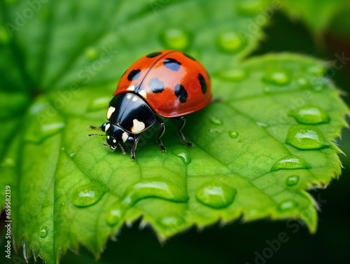Vibrant ladybug delicately perched on a leaf, captured in a 52-style raw photograph with remarkable detail.